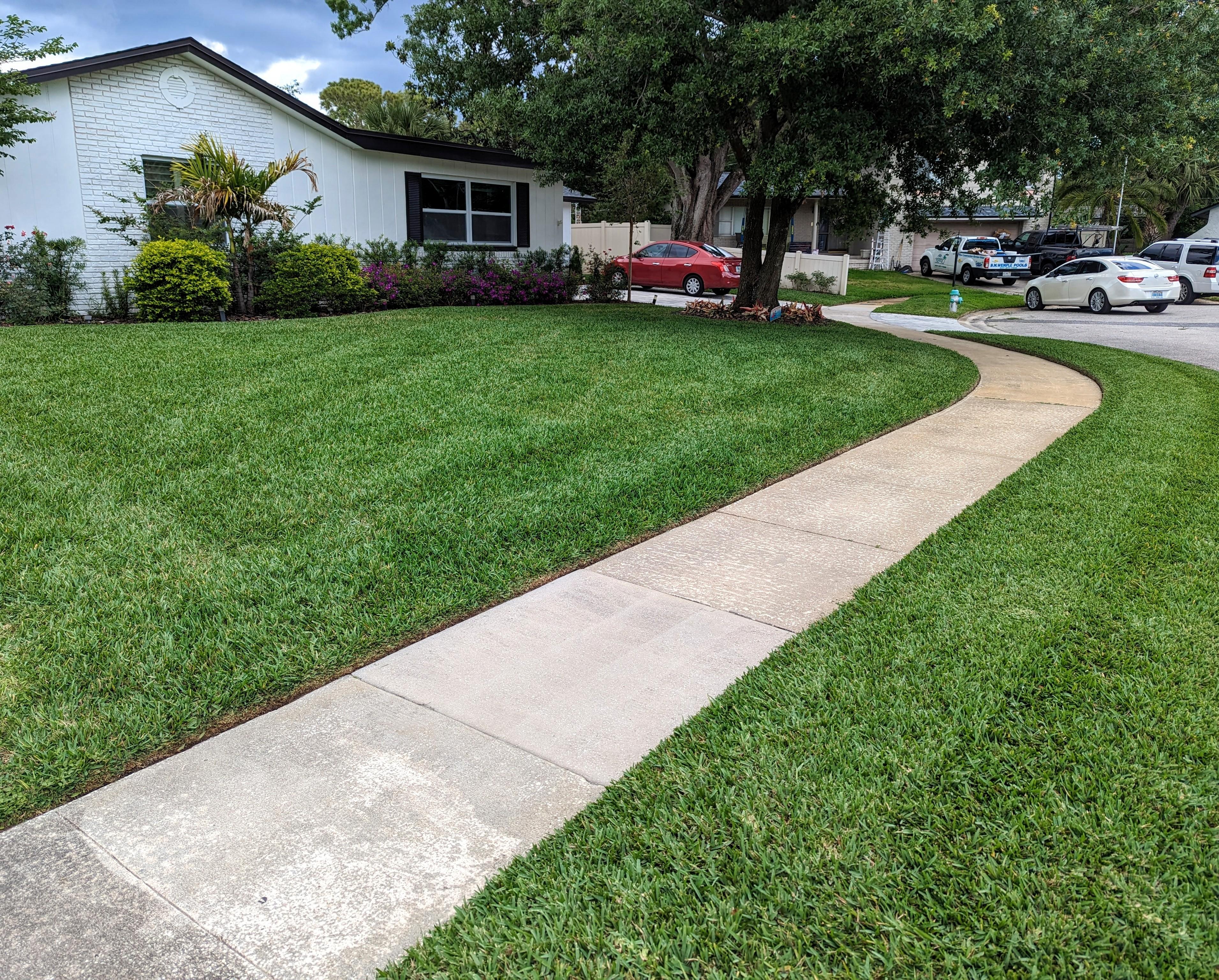 Precision concrete edging along curved sidewalk with lush green lawn in Winter Springs, Florida